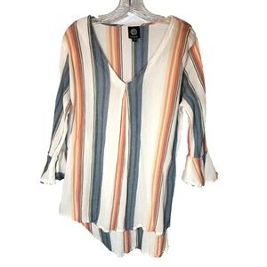 Bobeau Striped Stretch Gauze Long Flutter Sleeve Cotton V-Neck Top Size XL Boho